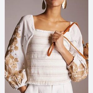 Anthropologie White and Gold Embroidered Blouse